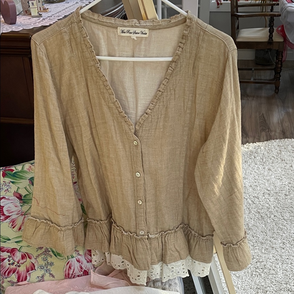 Miss Rose Sister Violet Boho Linen Blouse Size M